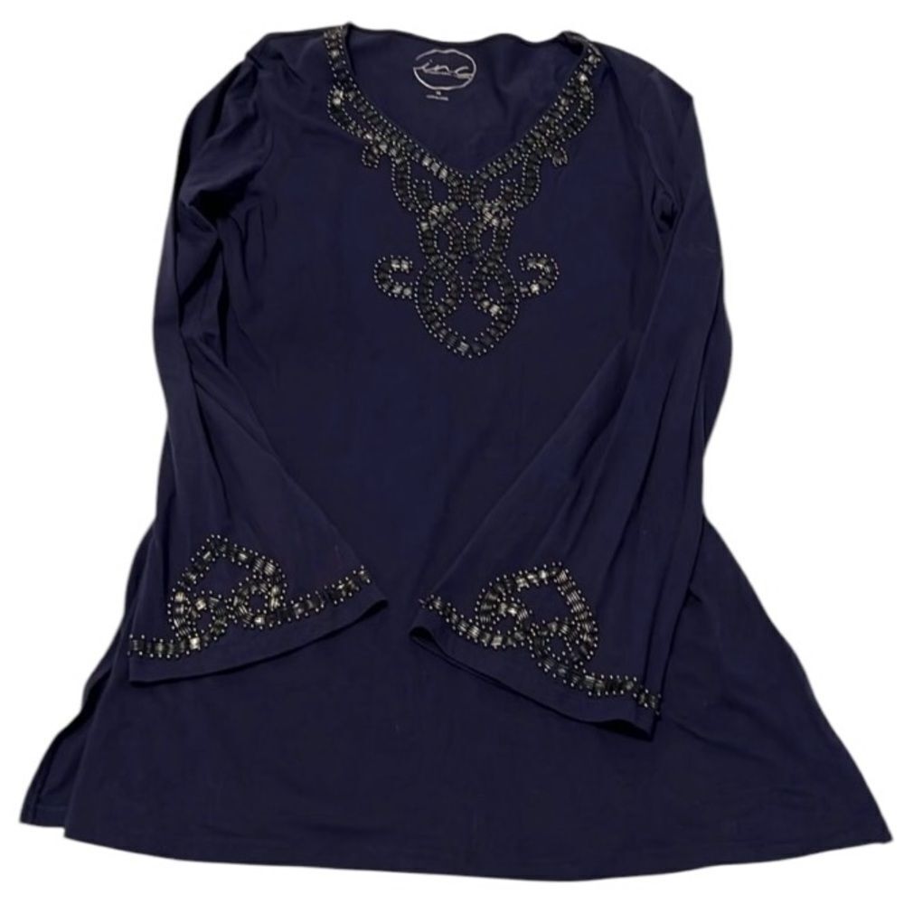 INC size M beaded long sleeve tunic in a bluish purple color 2 small spots GUC
